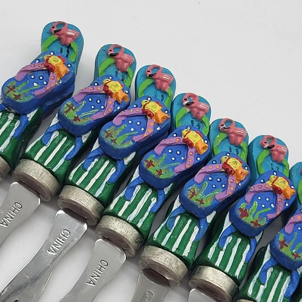 Appetizer Forks Novelty Flip Flops Flamingo & Fish Summer Cocktail Set Of 8